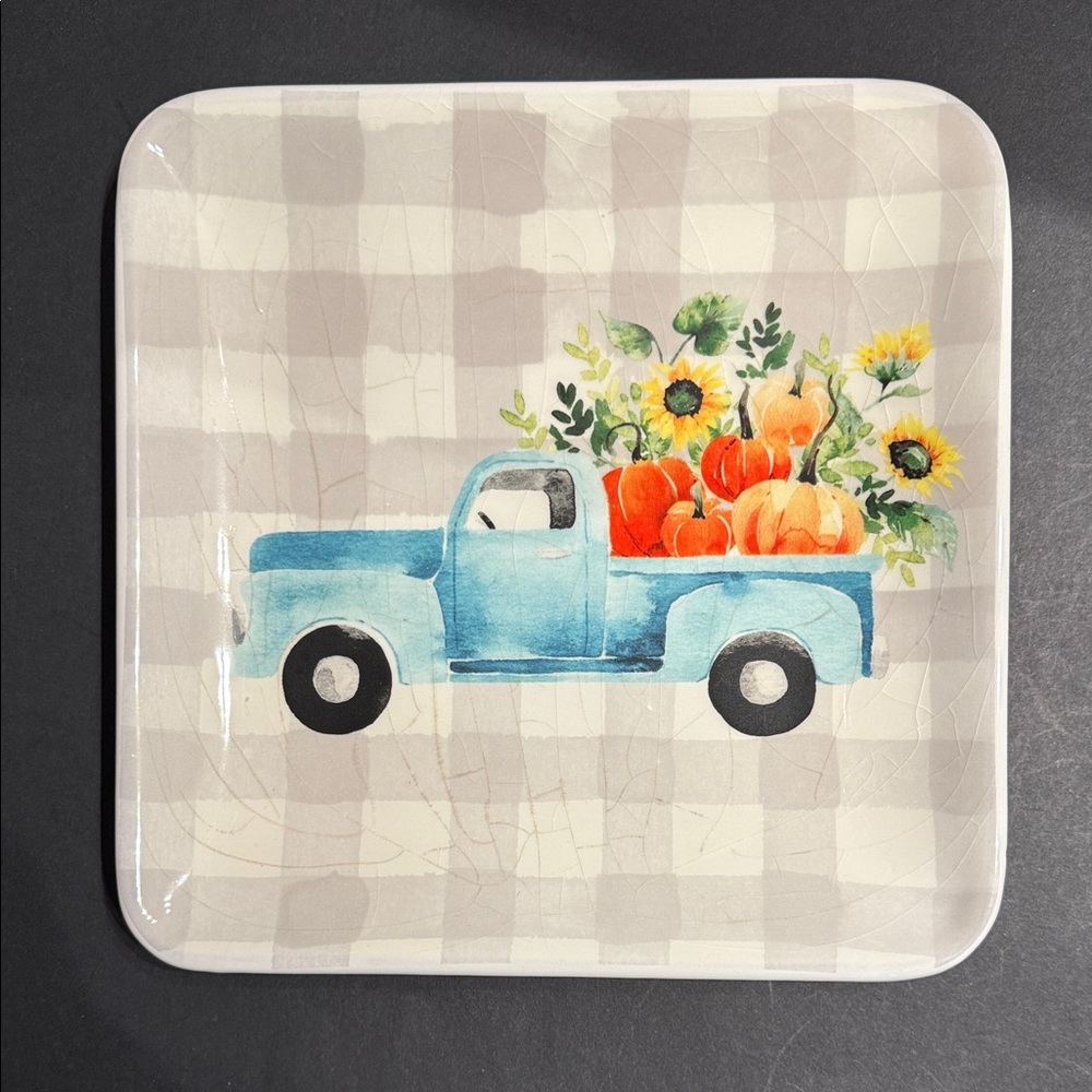 Truckloads of Fun Plaid Plate w/ Blue Truck & Pumpkin Design Fall Decor- ONE